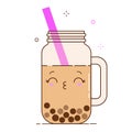 Brown bubble milk tea ads with delicious tapioca black pearls. Cute bubble tea kawaii smiled character. Taiwanese famous Royalty Free Stock Photo