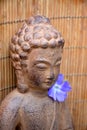 Brown Buddha statue with bamboo reed background and purple flower