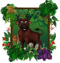Brown Buffalo In Forest With Tropical Plant Flower And Square Wood Frame