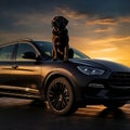 brown bulldog sitting on the bonnet of black maserati levante