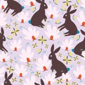 Brown bunnies and pink whimsical flowers seamless pattern background design.