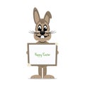Brown bunny hold happy easter sign board isolated