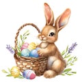 Brown Bunny Sitting Next to Basket Filled With Eggs. Generative AI Royalty Free Stock Photo