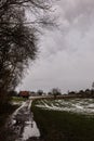 Brown cabin on the icy green field in winter