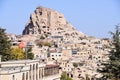 Uchisar Castle, Uchisar, Cappadocia, Turkey. Blue sky. Royalty Free Stock Photo