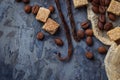 Brown cane sugar, coffee beans and vanilla pods Royalty Free Stock Photo