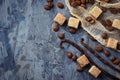 Brown cane sugar, coffee beans and vanilla pods Royalty Free Stock Photo