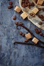 Brown cane sugar, coffee beans and vanilla pods Royalty Free Stock Photo