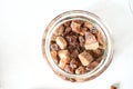 Brown cane sugar lump in a sugar bowl, top view. Concept diet, junk food, health Royalty Free Stock Photo