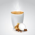 Brown capsules for coffee machine. Cup of hot coffee with pods and coffee beans on white background. 3D realistic vector