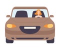 Brown Car with Female Driver, Front View Vector Illustration