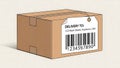 A brown cardboard box with a delivery label and barcode on a plain background Royalty Free Stock Photo