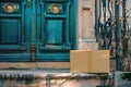 Brown cardboard box placed next to a blue painted door with a shiny brass knob Royalty Free Stock Photo