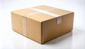 Brown cardboard box with two strips of clear packing tape on white surface Royalty Free Stock Photo