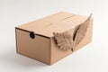 Brown Cardboard Box With White Angel Wings On White Background. Generative AI