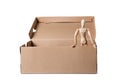 Brown cardboard box with wooden mannikin standing in it.