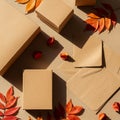 Brown cardboard boxes and envelopes are arranged against a tan background. The Royalty Free Stock Photo