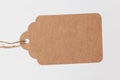 Brown cardboard label, tag with slim rope cord on white background