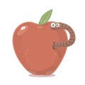 Brown cartoon worm with eyes emerges from a wormy red apple with a green leaf vector isolated object on a white background.