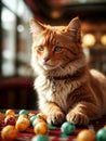 Brown cat in front of some colored balls