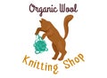 Brown cat holding green yarn ball, cute knitting shop logo design. Crafting, homemade hobbies themed vector illustration