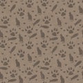 Brown cat, paw prints, fish, and hearts seamless and repeat pattern background