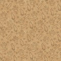 Brown cat, paw prints, fish, and hearts seamless and repeat pattern background