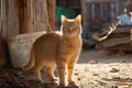 a brown cat walking near an open wooden shed door and fence