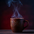 A brown ceramic mug with intricate carved patterns and a handle sits on a flat Royalty Free Stock Photo