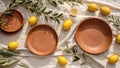 Rustic ceramic plates with lemons and olive branches on fabric background. Royalty Free Stock Photo