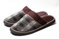 Brown checkered textile men`s slippers
