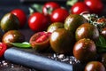 Brown cherry tomatoes with sea salt and green basil on dark table, autumn harvest, selective focus Royalty Free Stock Photo