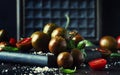 Brown cherry tomatoes with sea salt and green basil on dark table, autumn harvest, selective focus Royalty Free Stock Photo