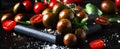 Brown cherry tomatoes with sea salt and green basil on dark table, autumn harvest, selective focus Royalty Free Stock Photo