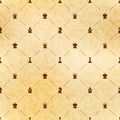 Brown chess icons on old paper with texture, royal seamless pattern
