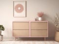 Brown Chest of Drawers, Stack of Books, Pink Flower, and Stylish Wicker Basket.