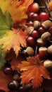 Brown chestnuts in the autumn season with maple leaves. Generative AI illustrations