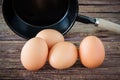 Brown chicken egg and iron pan on the table. Royalty Free Stock Photo