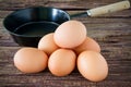 Brown chicken egg and iron pan on the table. Royalty Free Stock Photo