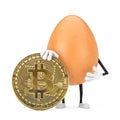 Brown Chicken Egg Person Character Mascot with Digital and Cryptocurrency Golden Bitcoin Coin. 3d Rendering