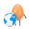 Brown Chicken Egg Person Character Mascot with Earth Globe. 3d Rendering Royalty Free Stock Photo