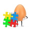 Brown Chicken Egg Person Character Mascot with Four Pieces of Colorful Jigsaw Puzzle. 3d Rendering Royalty Free Stock Photo