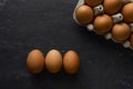 Brown chicken eggs in cardboard egg tray and three eggs in row flat lay Royalty Free Stock Photo