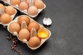 Brown chicken eggs in carton container. One broken egg in container. Eggshell on table Royalty Free Stock Photo