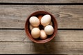 Brown chicken eggs in a clay bowl on a wooden table Royalty Free Stock Photo