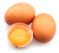 Brown chicken eggs and egg yolk isolated on white background Royalty Free Stock Photo