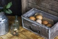 Brown chicken eggs in old wooden box, home farm Royalty Free Stock Photo