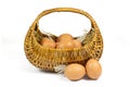 Brown Chicken Eggs and Pen in a Wicker Basket Isolated on White Royalty Free Stock Photo