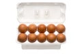 Brown chicken eggs in a plastic package on a white background