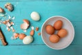 Chicken eggs on wooden table Royalty Free Stock Photo